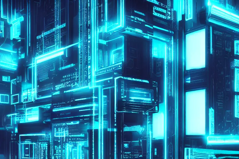 Prompt: single Cyberpunk Intricate black and neon blue cube no background 4K 3D render desktopography HD Wallpaper digital art