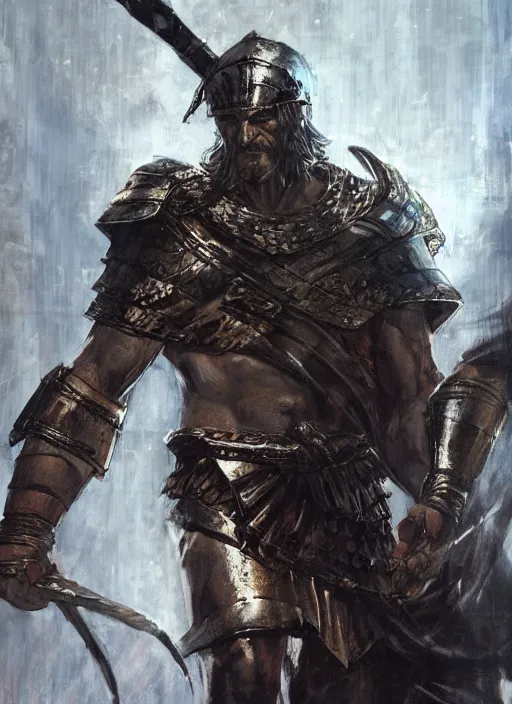 Image similar to ancient historically accurate depiction of the Bible Character Goliath of Gath, the Philistine warrior giant in ancient persian chainmail armor, dramatic lighting art by Yoji Shinkawa by Richard Schmid by greg rutkowski by Sandra Chevrier by Jeremy Lipking cinematic dramatic