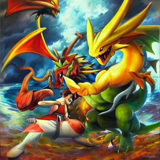 Prompt: pokemon fight a dragon. oil painting. large scale. highly detailed.