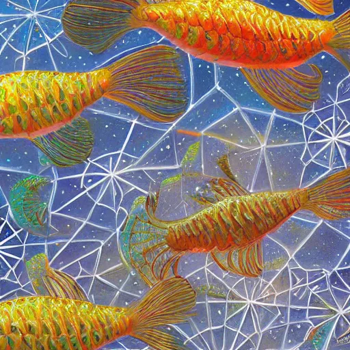 Prompt: painting of flying goldfishes, intricate, elegant, highly detailed, digital painting, artstation, concept art, smooth, sharp focus, illustration, art by stephanie law