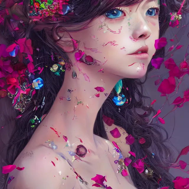 Image similar to studio portrait absurdly beautiful, elegant, lovely, young hypercolorful sensual anime woman rubies red petals gems, ultrafine hyperrealistic detailed face illustration by kim jung gi, irakli nadar, intricate linework, sharp focus, bright colors, matte, octopath traveler, final fantasy, unreal engine highly rendered, global illumination, radiant light, intricate rainbow environment