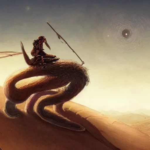 Image similar to ( ( peter griffin ) ) riding on the back of a ( worm ) from ( dune ), fantasy art, landscape art, in the style of greg rutkowski, illustration, epic