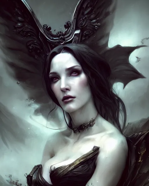 Image similar to bastien lecouffe deharme and wlop detailed portrait digital rococo painting of a beautiful serious villainess wearing fantasy clothing like liliana vess, villainess has black angel wings, evil mood, hellish battlefield in the background, unreal engine, embers flying, hyper realism, realistic shading, cinematic composition, blender render, octane render, ultrawide shot