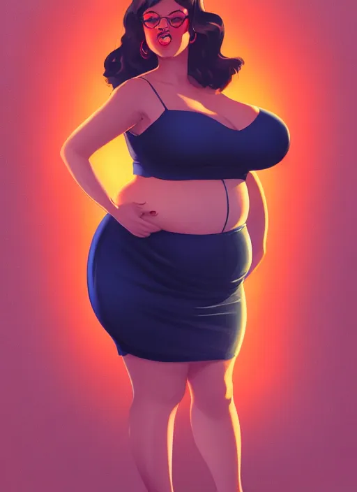 Image similar to full body portrait of teenage veronica lodge, obese, bangs, sultry, realistic, sultry smirk, wavy hair, red skirt, fat, belly, intricate, elegant, glowing lights, highly detailed, digital painting, artstation, concept art, smooth, sharp focus, illustration, art by wlop, mars ravelo and greg rutkowski