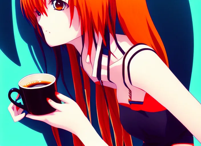 Prompt: anime Kula Diamond drinking coffee, Karolis Strautniekas,omoide emanon, tsuruta kenji, murata range,kawaii, kyoto animation, manga, intricate, detailed, studio lighting, orange red black white, gradation,editorial illustration, matte print, Ilya Kuvshinov