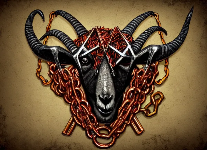 Image similar to satanic goat head, metal, metal band, chains, 666, digital art, trending on art station