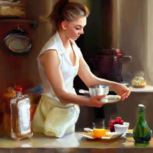 Prompt: Natalie Dormer making breakfast for her husband painting by Vladimir Volegov