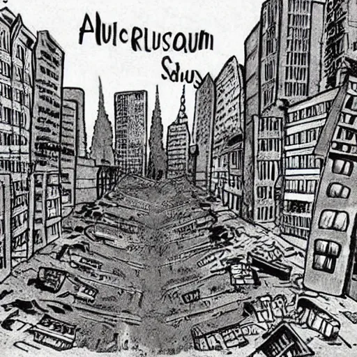 Image similar to A city ruined by nuclear bombings, illustrated by children's author and cartoonist, Dr Seuss.