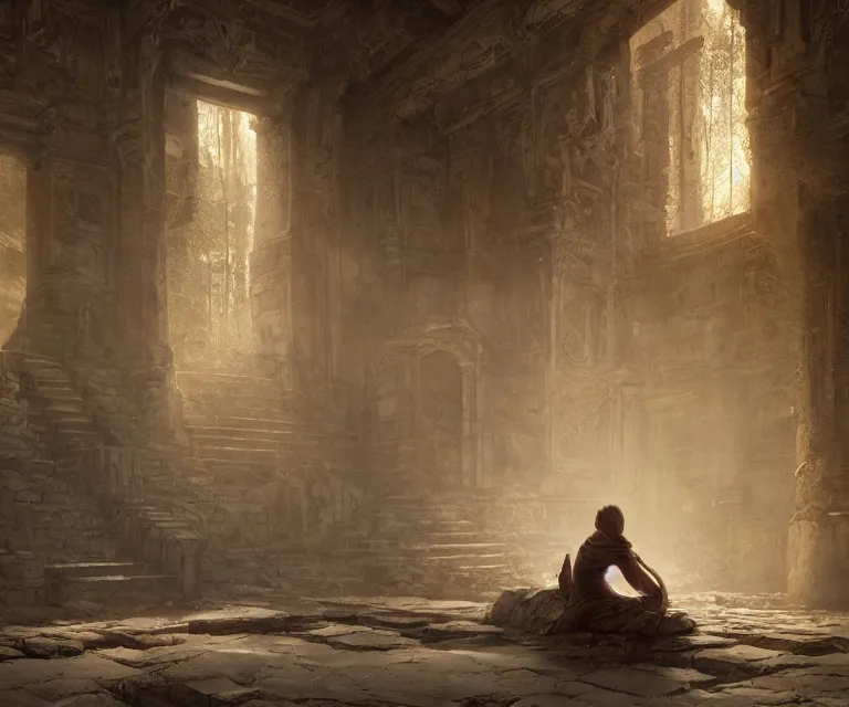 Image similar to lonely wanderer sitting at lap in abandoned rustic temple, lit by the light of gods, abandoned by gods, hyperdetailed artstation cgsociety by greg rutkowski and by Gustave Dore