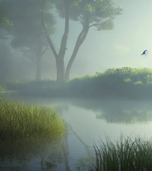 Prompt: three crows in a little boat in a swamp, volumetric lighting, fog, majestic light, octane render, ethereal glare of the sun, hyperrealistic, epic, masterpiece, by makoto shinkai