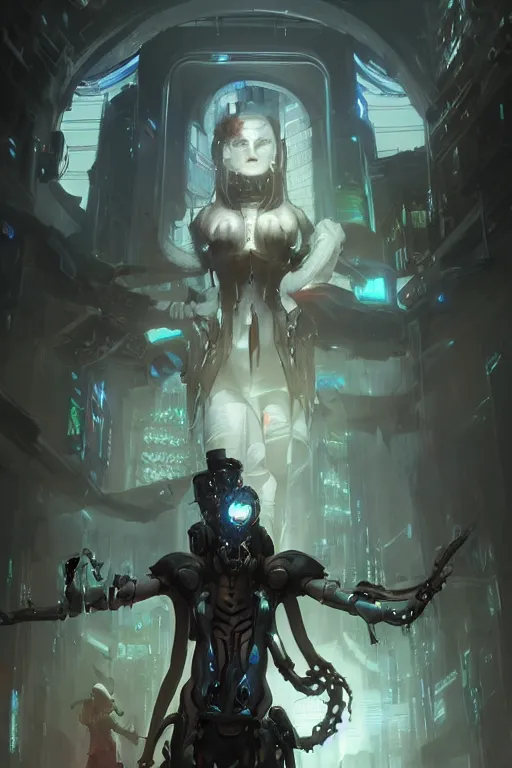 Image similar to portrait of a malevolent cybernetic necromancer announcing lay offs to the populace, cyberpunk concept art by pete mohrbacher and artgerm and wlop and greg rutkowski and deathburger, digital art, highly detailed, intricate, sci-fi, sharp focus, Trending on Artstation HQ, deviantart, unreal engine 5, 4K UHD image