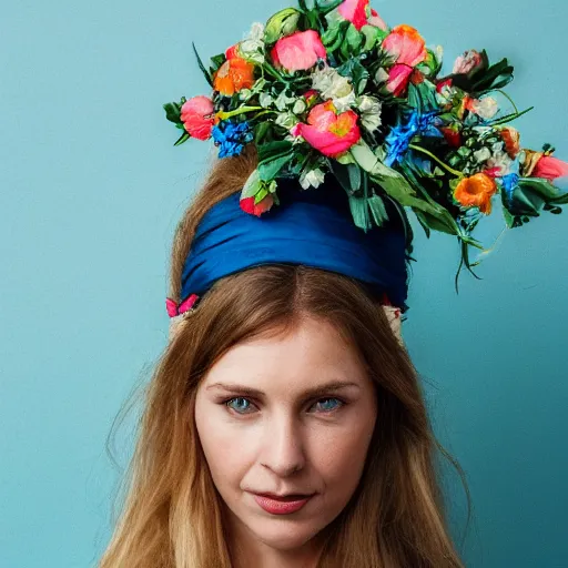 Image similar to a portrait of beautiful nordic woman wearing a folkdrakt dress, summers flowers headband on her head, against a teal blue background