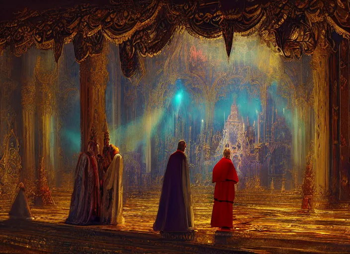 Image similar to worship of the pope, royal robe, gold trim, demons, mysticism, light effect, hyper detailed, intricate, atmospheric, elegant, photorealistic by paul lehr, hyper - real