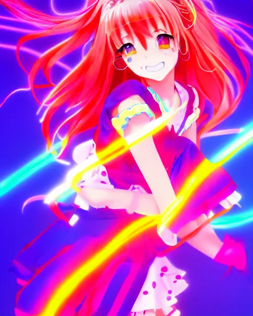 Image similar to anime style, vivid, expressive, full body, 4 k, painting, a cute magical girl idol with a long wavy colorful hair wearing a colorful dress, correct proportions, stunning, realistic light and shadow effects, neon lights, studio ghibly makoto shinkai yuji yamaguchi