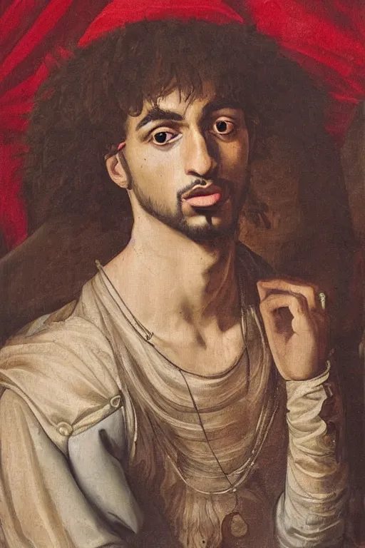 Image similar to a renaissance style portrait painting of playboi carti