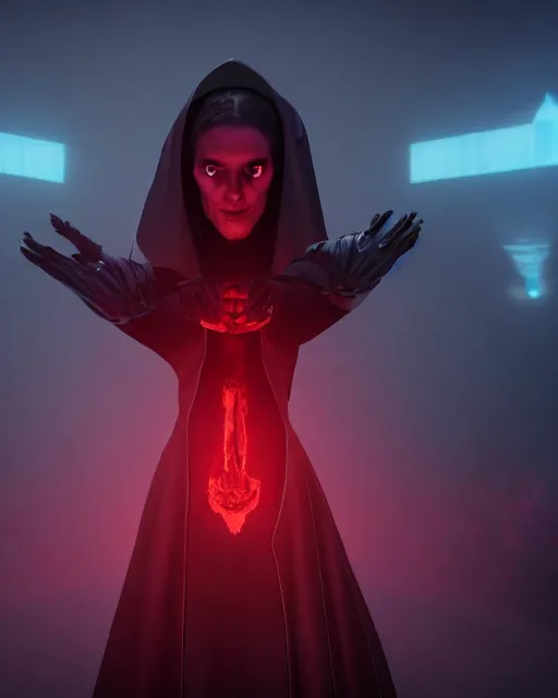 Image similar to a portrait of a dark sci fi nun performing a blood sacrifice wearing sci fi armor, cinematic lighting, smooth, dark sci fi, unreal engine, octane render, by blizzard studios, golden rule, subject in center of frame, fog volumes, vivid color glow, cgsociety