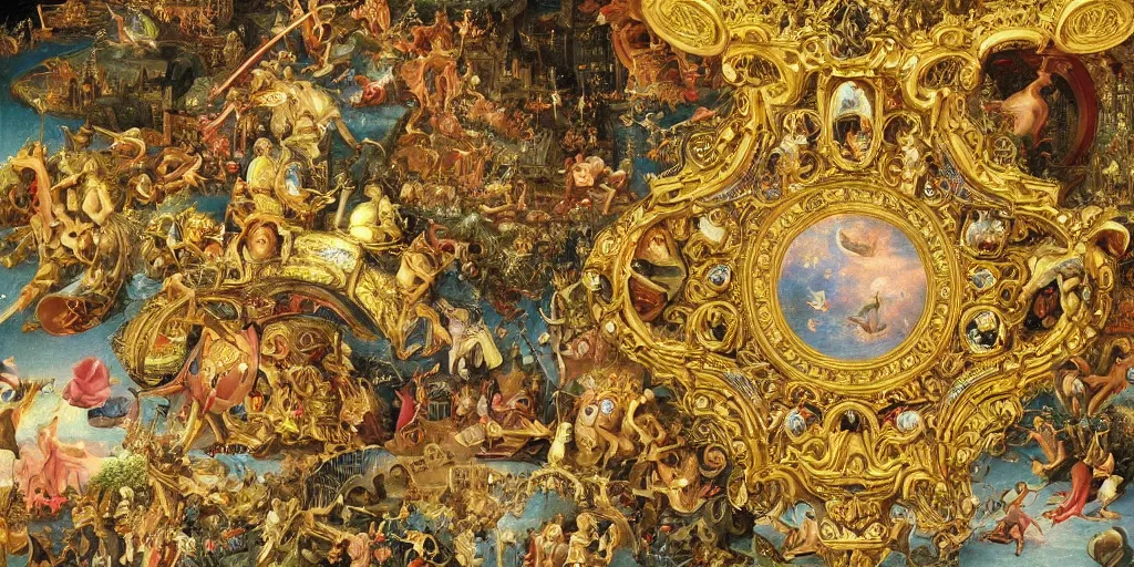 Prompt: beautiful!!!!! ornate heavenly!!!!!!!! gold rococo megastructure in the style of heironymus bosch, colorful intricate masterpiece, hyper detailed, hd