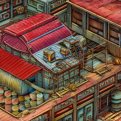 Image similar to fineline painting of an isometric steampunk strawberry jam factory, colour pallette of strawberry shortcake, incredible detail, vray render subsurface scatter drum scanner, intricate complexity, golden ratio, cartoon animation pendleton ward, karol bak, 8 k detail