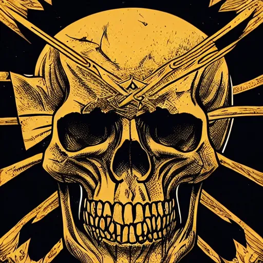 Prompt: a pirate flag, skull design for a Metallica, art by Dan Mumford and Alex Pardee , intricate, D&D, dark fantasy, photorealism