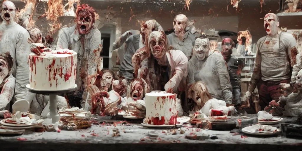 Prompt: Frightening scene in an horror movie where everything turns into a cake