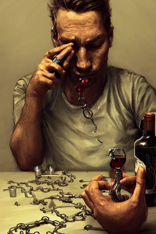 Image similar to dirty faced and very tired man looking pile smoking a winebottle, drugs, cigarrette boxes at the table, fantasy, intricate, elegant, highly detailed, digital painting, artstation, concept art, addiction, chains, smooth, sharp focus, illustration, art by Ilja Repin