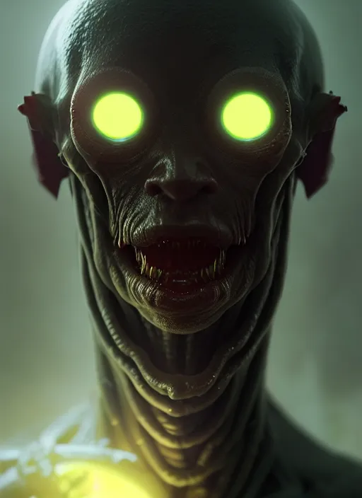 Image similar to portrait of a space alien, varying detailed skin, octane render, piercing glowing eyes, realistic render, detailed, ugly, slimy unreal engine, symmetrical!!, greg rutkowski and ruan jia, cinematic