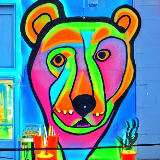 Prompt: neon art mural with portrait and a bear