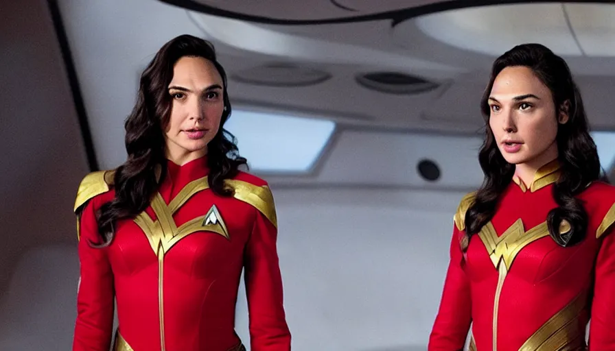 Image similar to Gal Gadot, wearing a red uniform, is the captain of the starship Enterprise in the new Star Trek movie