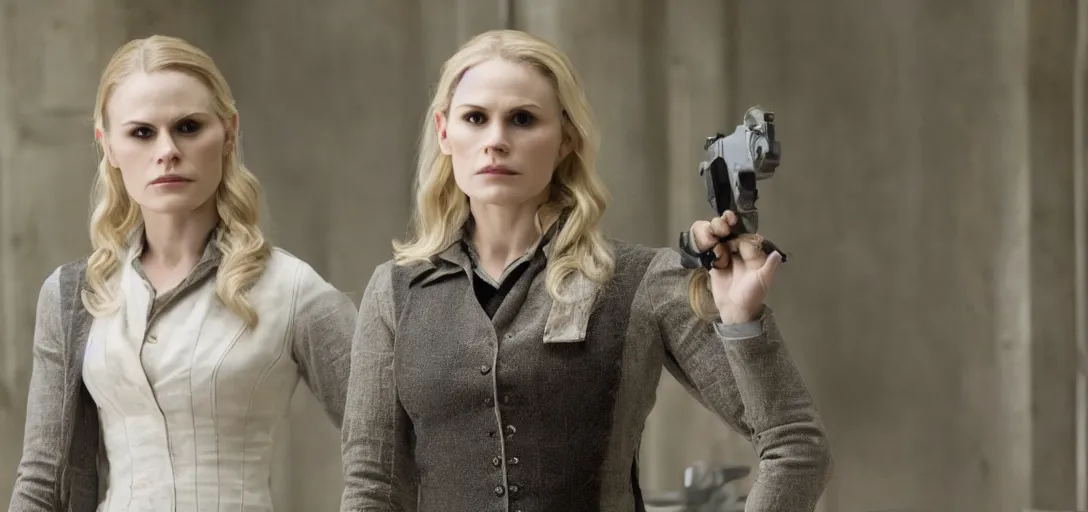Prompt: a still of Anna Paquin as Dolores in Westworld tv series