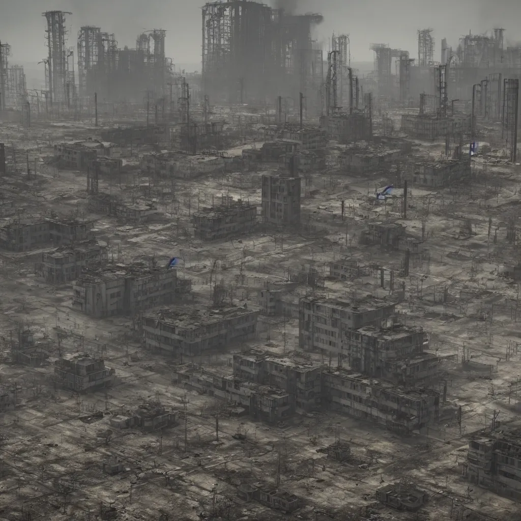 Image similar to high pollution, pripyat, chernobyl, people with gas masks, soviet brutalism, dieselpunk, industrial, futuristic, very detailed, diesel, 4 k