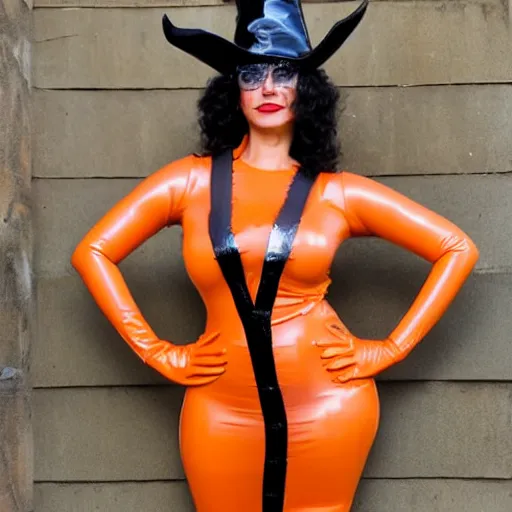 Image similar to Big bust witch in orange latex dress and gloves holding raven feather