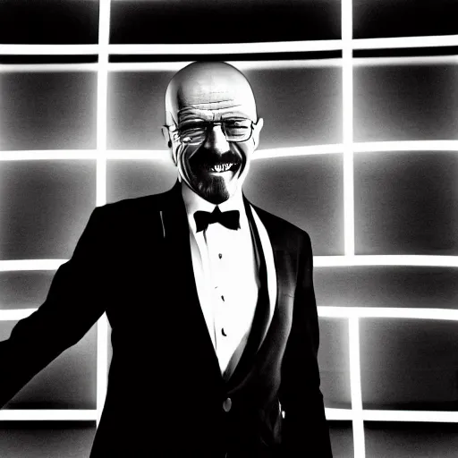 Image similar to portrait of walter white in a tuxedo, laughing in a modern night club, neon lights