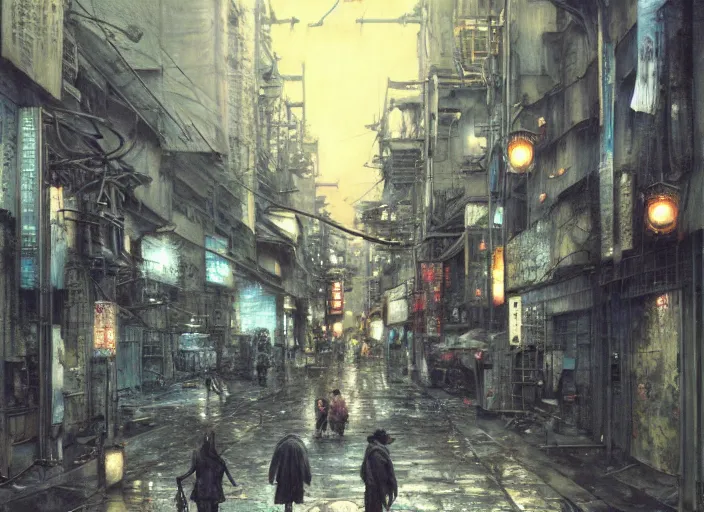 Image similar to street in osaka, jpeg artefacts on canvas, by seb mckinnon and james gurney and greg rutkowski, highly detailed, pov