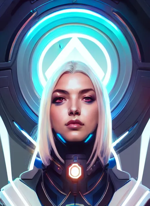 Image similar to symmetry portrait of ashe from overwatch, closeup, sci - fi, tech wear, glowing lights intricate, elegant, highly detailed, digital painting, artstation, concept art, smooth, sharp focus, illustration, art by artgerm and greg rutkowski and alphonse mucha