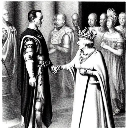 Image similar to detailed black and white photo of queen elizabeth ii meeting julius caesar