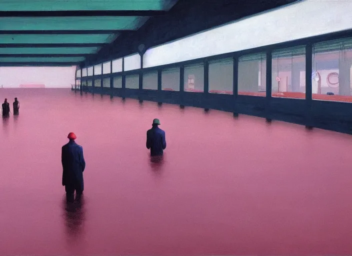 Image similar to conveyor belt with people in a flooded warehouse Edward Hopper and James Gilleard, Zdzislaw Beksinski, highly detailed