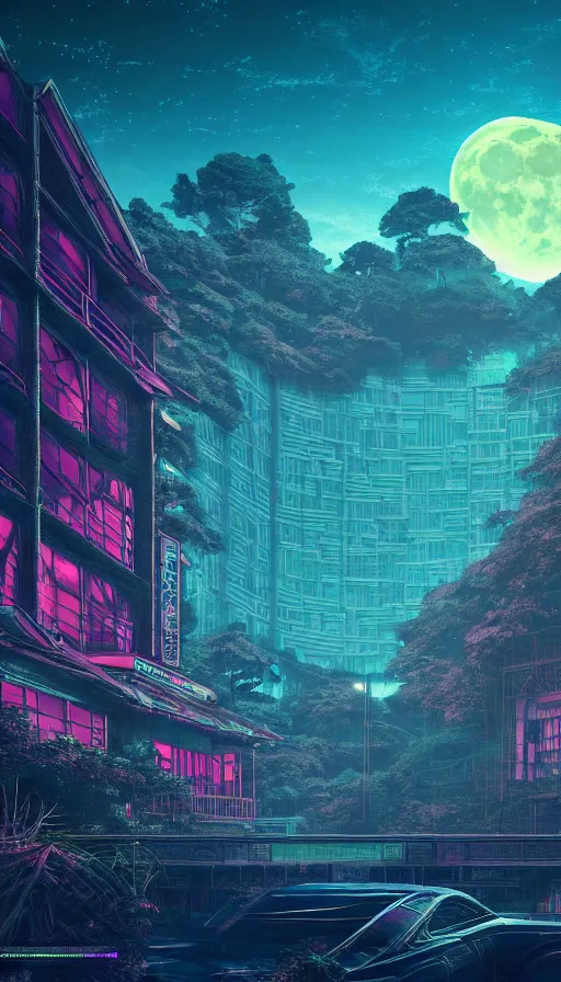 Image similar to reclaimed by nature by moon hoon, darkacademia atlantis cosmic san andreas at dawn neon signs tokyo synthwave universe, archdaily, wallpaper, highly detailed, trending on artstation.