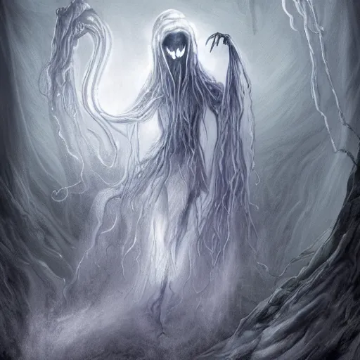 Prompt: concept designs for an ethereal ghostly wraith like figure with a squid like parasite latched onto its head and long tentacle arms that flow lazily but gracefully at its sides like a cloak while it floats around a frozen rocky tundra in the snow searching for lost souls and that hides amongst the shadows in the trees, this character has hydrokinesis and electrokinesis for the resident evil village video game franchise with inspiration from the franchise Bloodborne