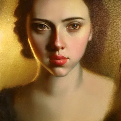 Prompt: a candle - lit portrait oil painting of a very young woman resembling scarlett johansson and ana de armas, by rembrandt