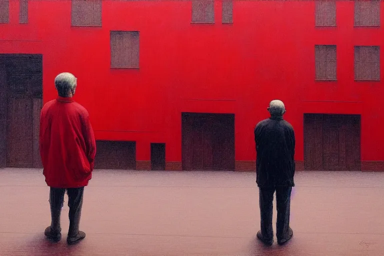 Image similar to only with red, a red old man try to sell a portrait, crowd cheering, in a city square, in the style of beksinski, parts by edward hopper, parts by rodcenko, parts by yue minjun, intricate and epic composition, red by caravaggio, insanely quality, highly detailed, masterpiece, red light, artstation, 4 k