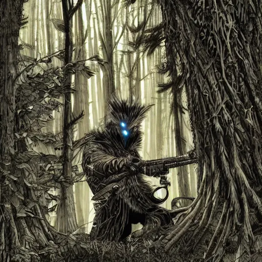 Image similar to hyper-detailed digital painting of a masked man in a dark forest, by kim jung gi