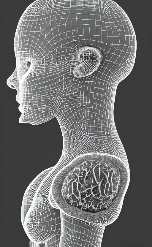 Image similar to a black and white 3D render of a beautiful profile face portrait of a female vegetal-dragon-cyborg, 150 mm, orchid stems, fine lace, Mandelbrot fractal, anatomical, flesh, facial muscles, cable wires, microchip, veins, arteries, full frame, microscopic, elegant, highly detailed, flesh ornate, elegant, high fashion, rim light, octane render in the style of H.R. Giger and Man Ray