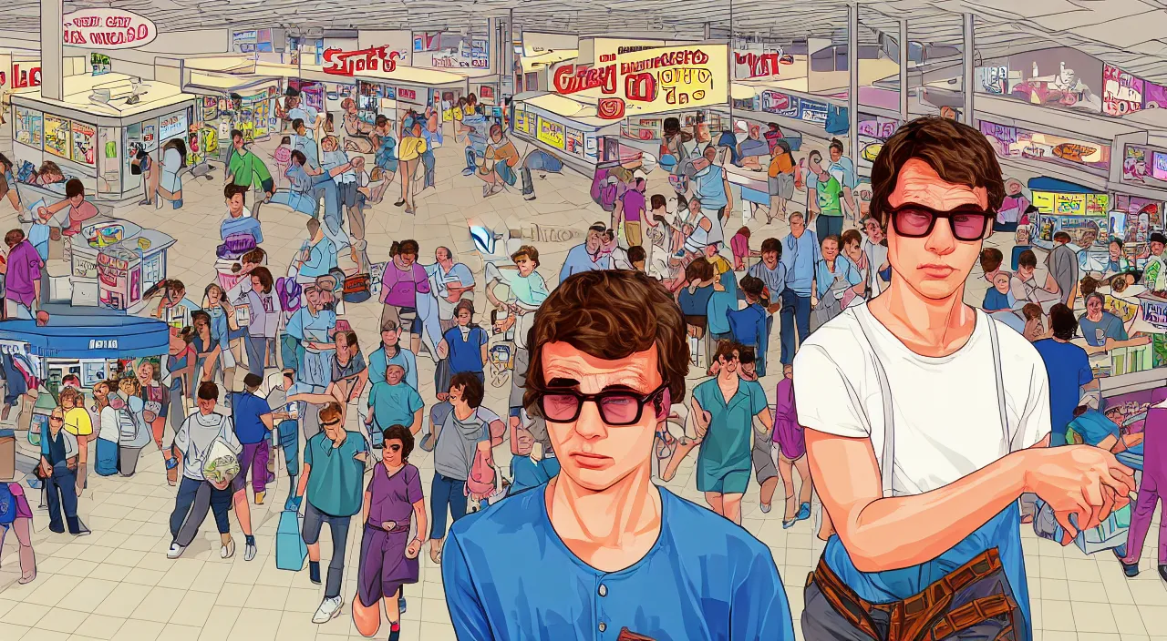 Image similar to GTA V illustration of 1980s nerdy white teenager on the cover of GTA V, in the food court of a 1980s shopping mall, wide angle lens, close up shot