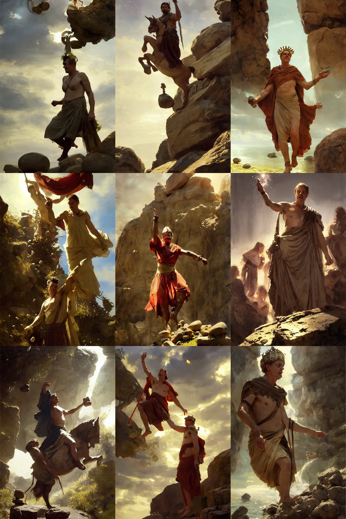 Prompt: ancient roman steve buscemi wearing the civic crown while he floats and hovers above the ground glowing with power small rocks and pebbles begin lifting off the ground around him, art by anders zorn, wonderful masterpiece by greg rutkowski, beautiful cinematic light, american romanticism by greg manchess, jessica rossier