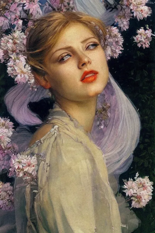 Image similar to close - up fashion blonde woman portrait airy flowers cloudy sky art by vasnetsov