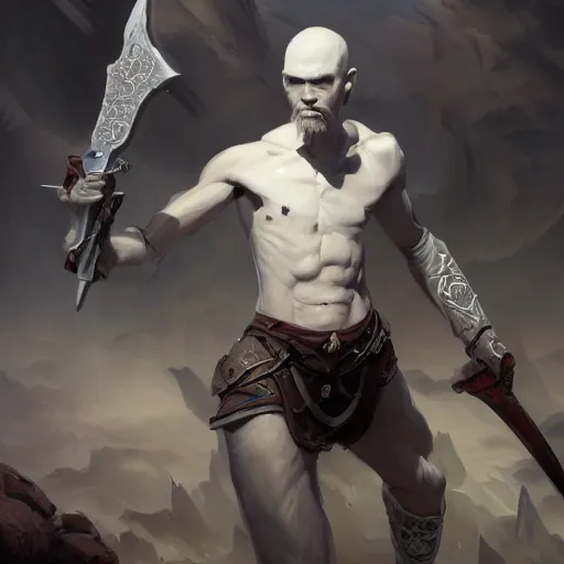 Image similar to wide shot, fantasy painting of a pale man with a black blade covered in runes, painted by Bayard Wu, ultra detailed, 8k