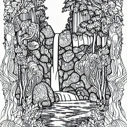 Image similar to an adult coloring page of a waterfall in the enchanted forest