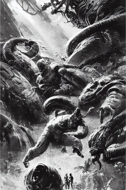 Image similar to huge slimy huge pig attacks, dynamic action on alien planet, by norman rockwell, jack kirby, jon berkey, earle bergey, craig mullins, ruan jia, jeremy mann, tom lovell, marvel, astounding stories, 5 0 s pulp illustration, scifi, fantasy