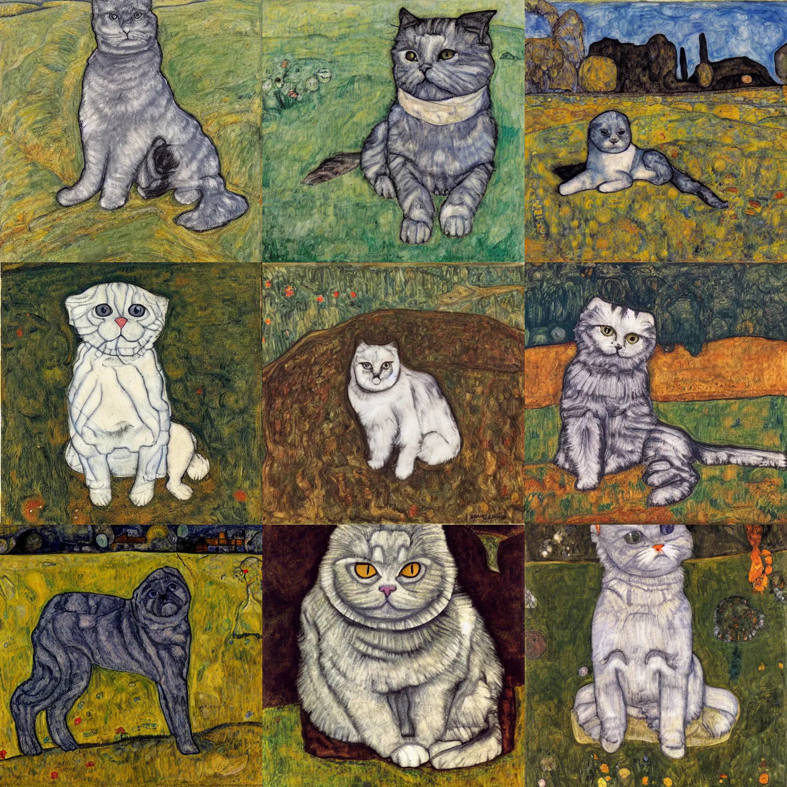 Prompt: a gray scottish fold sitting in the middle of sunny meadow, by egon schiele