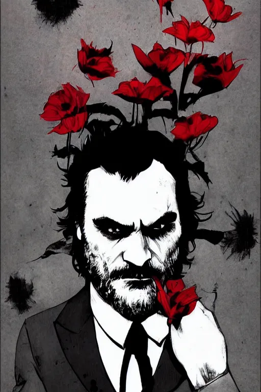 Image similar to joaquin phoenix, little bruce wayne, red flower, joker, comic book cover, issues 2 0, by dc comics, justify content center, delete duplicate object content!, violet polsangi pop art, gta chinatown wars art style, bioshock infinite art style, incrinate, realistic anatomy, hyperrealistic, 2 color, white frame, content balance proportion